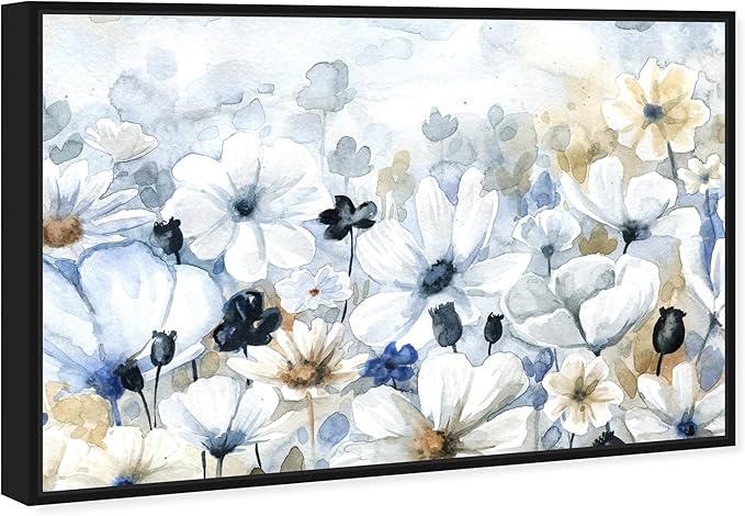 The Oliver Gal Artist Co. Floral and Botanical Wall Art Framed Canvas Prints 'Fields Flowers Home Décor, 30" x 20", Blue, White