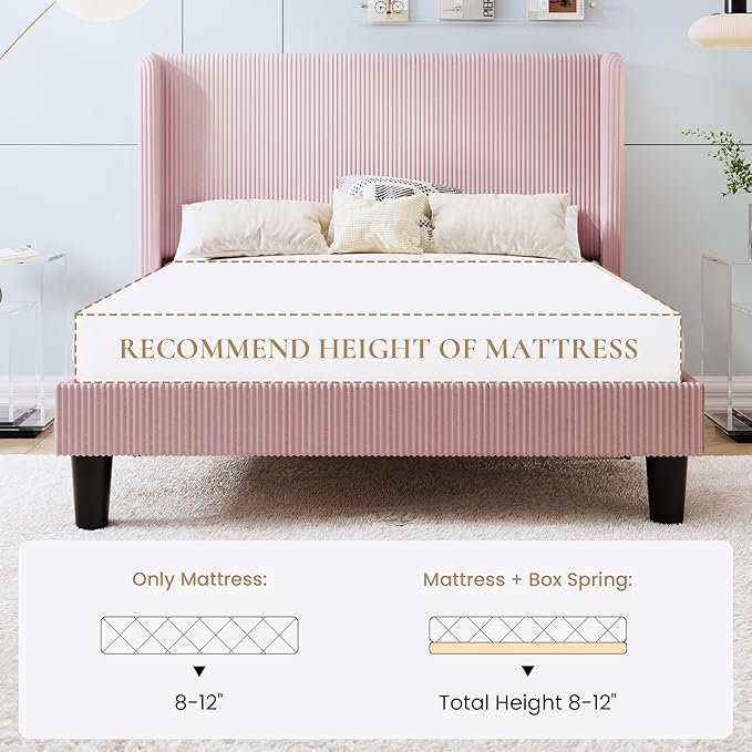 SHA CERLIN Queen Size Corduroy Upholstered Platform Bed Frame with Vertical Channel Tufted Wingback Headboard, 8" Under Bed Storage, Wooden Slats & Metal Frame Support, Easy Assembly, Light Pink