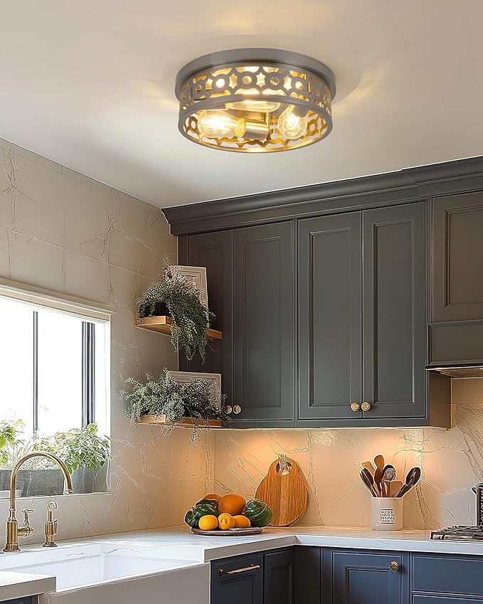 Flush Mount Ceiling Light Fixtures,Brushed Nickel 3-Light Hallway Light Fixtures,13 inch Modern Light Fixture Ceiling Mount for Farmhouse Kitchen Bedroom 2 Pack