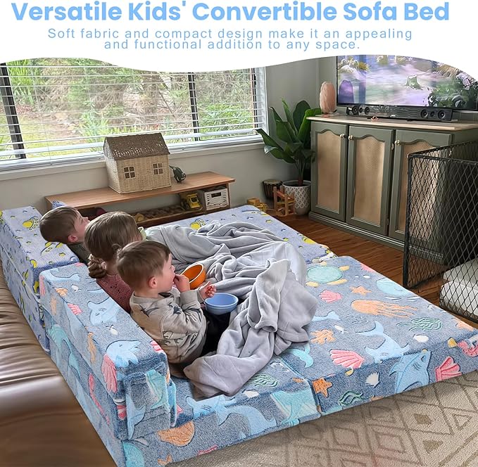 MeMoreCool Foldable Futon Chair Bed for Kids, Glow Tri-fold Sofa Bed Convertible Toddler Sofa Mattress, Foam Floor Couch for Sitting, Blue