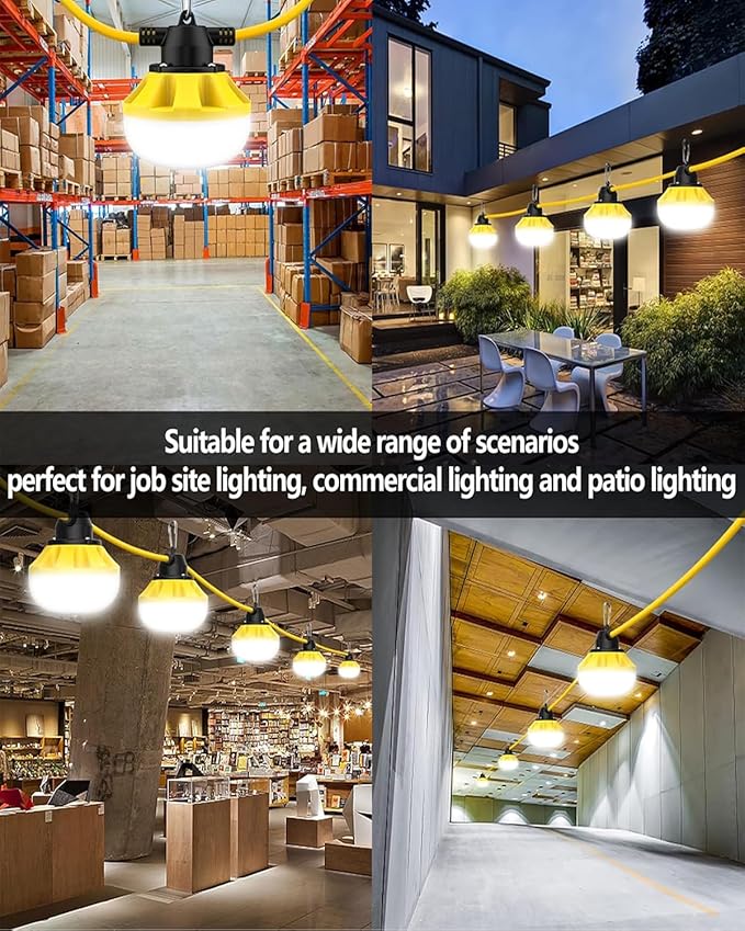 100FT LED Construction String Lights 10 Bulbs,10000LM,Industrial Grade,Weatherproof, Linkable 5000K Super Bright for Job Sites, Mining, Patios & Outdoor Work,Free for Climbing Hook 2Prong