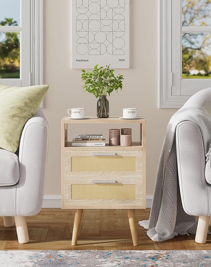 YMYNY Rattan Nightstand Set of 2, Boho Side Table with 2 Drawers, Open Shelf Unit with Arched Design, Solid Wood Legs, Storage Cabinet for Bedroom, Natural UHST015N-2