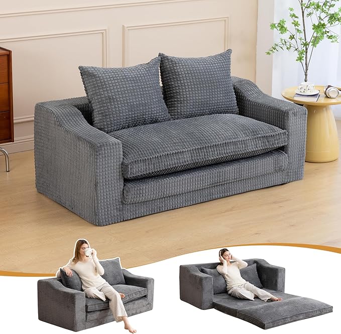 61" Convertible Sofa Bed Loveseat, Memory Foam Boneless Floor Couch with Removable Corduroy Cover, Tri-folding Compact Full-size Sleeper for Small Living Room, Playroom, Guest Room, RV (Dark Gray) | Convertible Sofa Bed, Premium Memory Foam, Ergonomic ...
