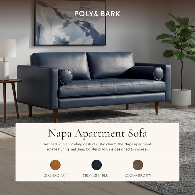 Poly & BARK Napa 72" Leather Sofa – Full-Grain Italian-Tanned Aniline Leather, Feather-Down Comfort, Solid Wood Frame, Walnut Legs, Midnight Blue