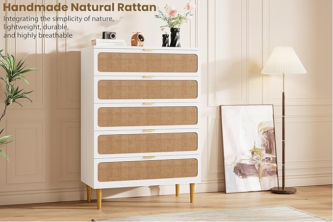 GarveeHome Rattan 5 Drawer Dressers for Bedroom, Tall Dresser with Deep Drawers, Large Chest of Drawers for Closet with Wide Top, Long Wooden Dresser for Living Room, Hallway, Kids Room, White