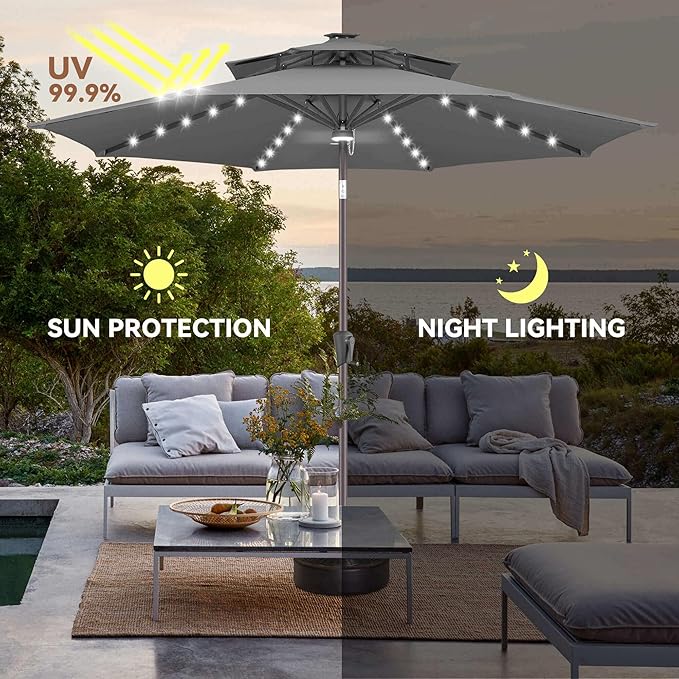 9FT Solar Umbrella Outdoor - 2-Tier Lighted Solar Patio Umbrella with 40 LED Lights Waterprool UV Protection, Table Umbrella with Tilt for Pool, Porch, Garden, Backyard (Anthracite)