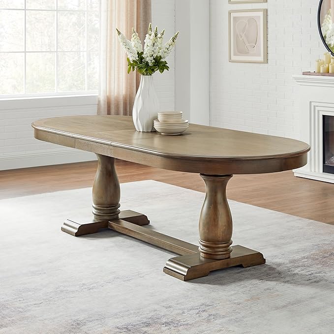 Mid-Century Modern Wooden Dining Table Extendable Oval Dining Table with 18" Leaf and Heavy Duty Column Legs, 76-inch Oversized Oval Wood Diningtable