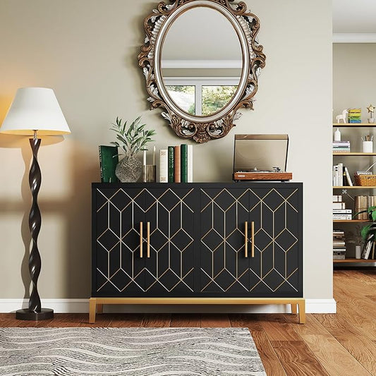 47.8" Storage Accent Cabinet with 4 Doors, Modern Sideboard Buffet Cabinet with Gold Lines, Wood Decorative Credenza with Storage for Living Room, Kitchen, Dining Room, Entryway, Black