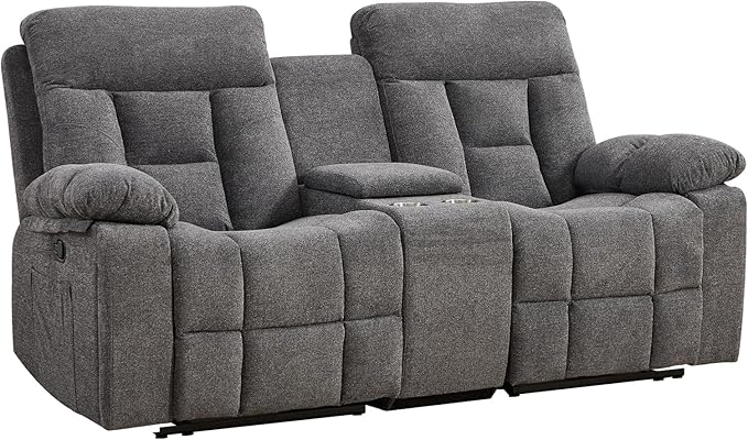 CANMOV Loveseat Recliner, Manual Recliner Sofa Chair for Living Room, Reclining Sofa with Storage Console,Hidden Cup Holders, 2 Seat, Grey