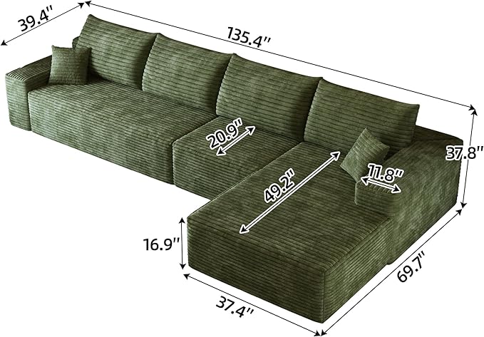 135" Corduroy Couch Sectional with Chaise, L Shape Boneless Cloud Couches for Living Room Bedroom, Fluffy Deep Seat Compression Sofa, Modular Corner Couch No Assembly, Right Facing Chaise, Green
