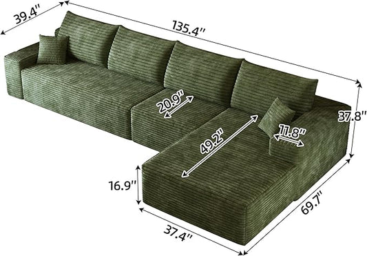 135" Corduroy Couch Sectional with Chaise, L Shape Boneless Cloud Couches for Living Room Bedroom, Fluffy Deep Seat Compression Sofa, Modular Corner Couch No Assembly, Right Facing Chaise, Green