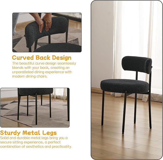 EDWELL Black Boucle Dining Chairs Set of 2, Mid Century Modern Kitchen Dining Chairs with 3.94” Cushions and Metal Legs, Round Upholstered Boucle Chairs for Kitchen, Living Room