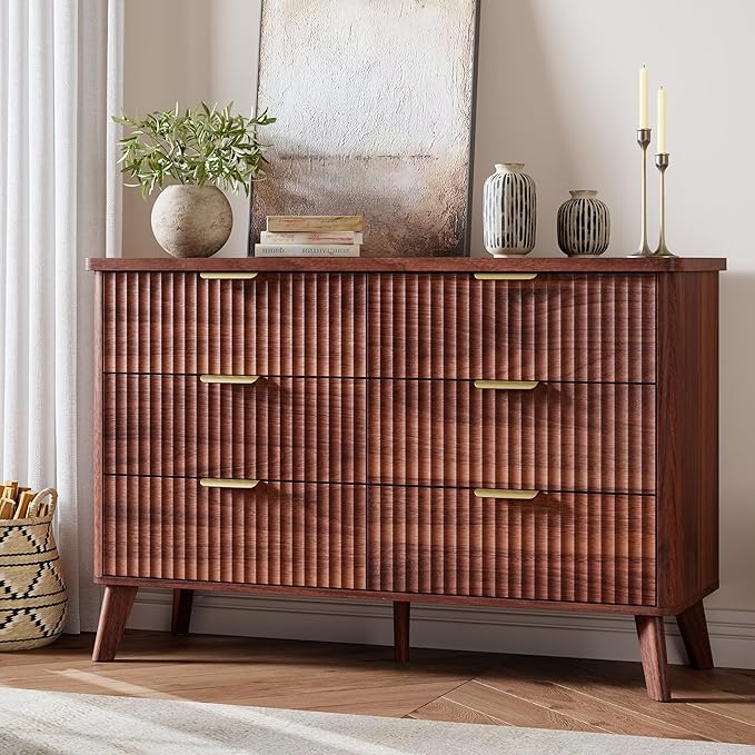 Garvee 6 Drawers Dresser for Bedroom, 47.2" Wide Dressers with Curved Profile Design, Fluted Wood Drawers with Gold Handle, Modern Chest of Dressers with Thickened Design for Living Room, Walnut