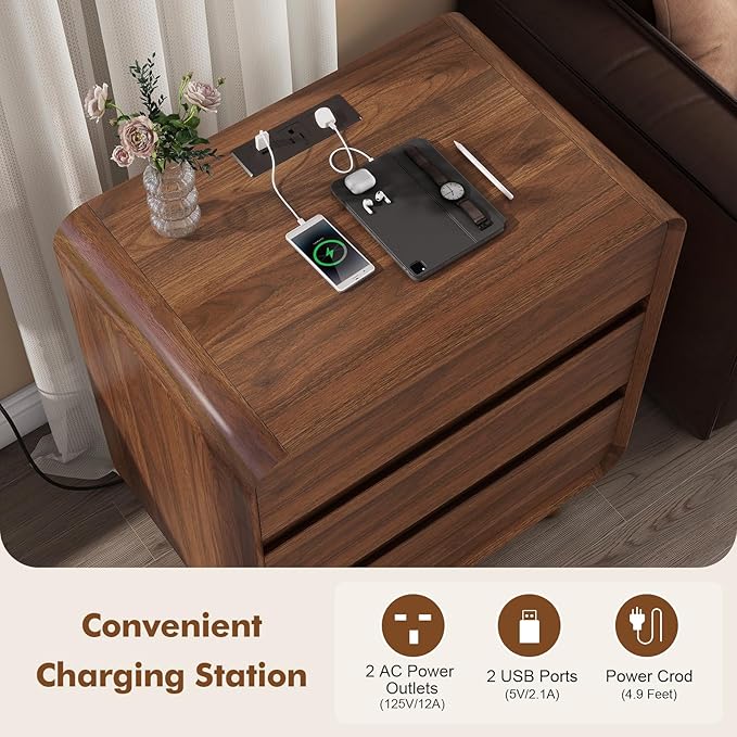 3 Drawer Dresser, Mid Century Modern Bedroom Dresser with Charger Station, Small Wooden Bed Side Table, Curved Beveled Design, Walnut