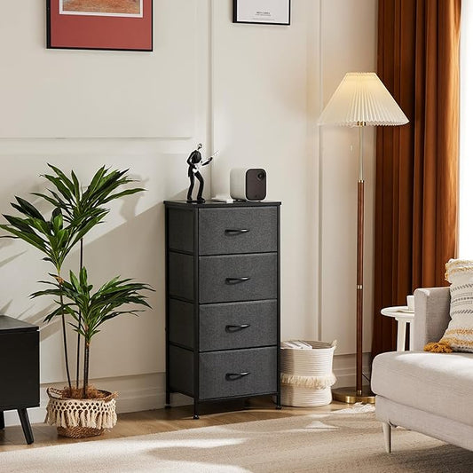 DUMOS Dresser for Bedroom 4 Drawers, Tall Fabric Closet Chests Organizer Tower Furniture with Wooden Top Metal Frame for Living Room, Closet, Grey
