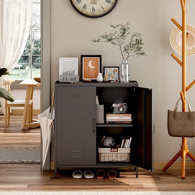 Metal Storage Cabinet with 2 Door, Steel Locker Sideboard Buffet Cabinet Console Table for Home Office (Black, H35.43'')