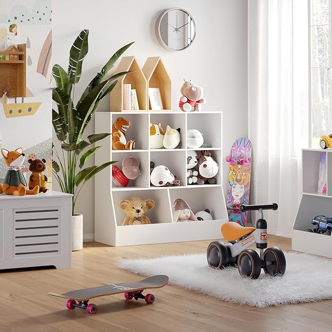 DINZI LVJ Toy Storage Organizer, Kids Bookshelf, Wood Toy Storage Cabinet, 3-Tier 8 Cubby Children Bookcase, 39.4" L Toddler Book Shelf for Playroom, Living Room, Nursery, Hallway, School, White
