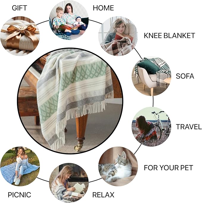 New Zealand Virgin Wool Throw Blanket, Indoor & Outdoor Blankets and Throws, Soft Blanket with Fringes, 55 x 79 in (140 x 200 cm), Green Gray Beige