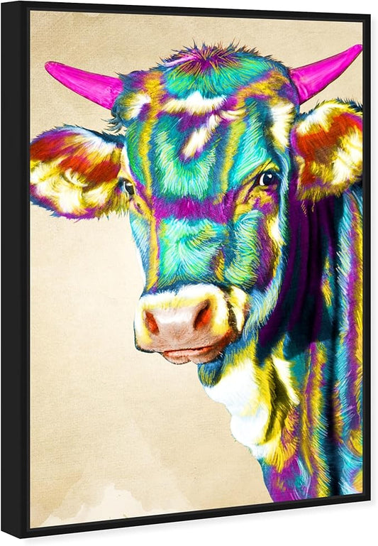 Country Farmhouse Canvas Print Painting Animal Wall Art 'Fun Colorful Glam Farm Cow' Black Framed Canvas Rustic Home Décor 20x30 in Green, Pink by Oliver Gal