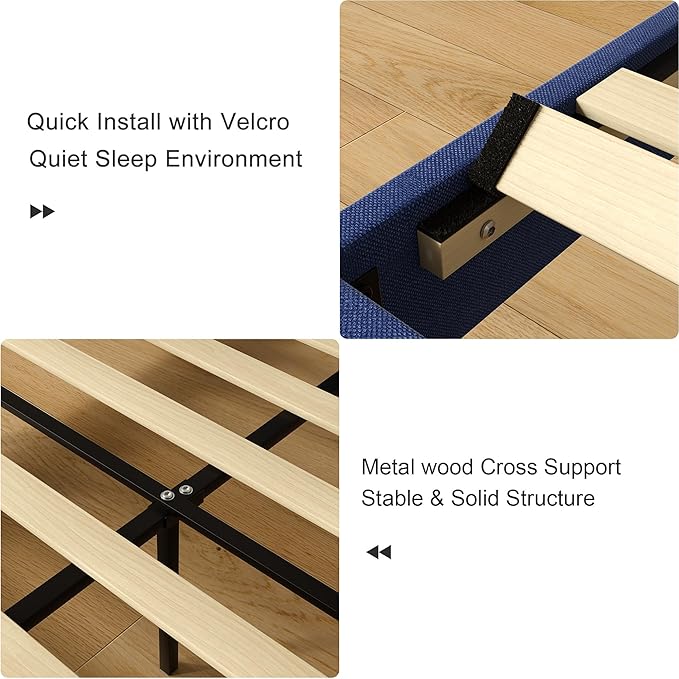 VECELO Queen Size Upholstered Platform Bed Frame with Adjustable Headboard, Wood Slat Support and Noise-Free, No Box Spring Needed, Easy Assembly, Blue