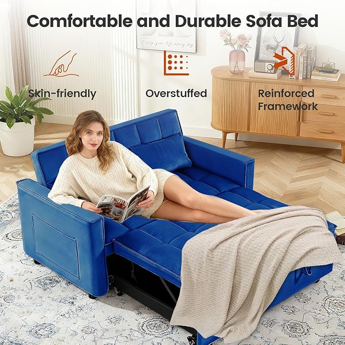 3 in 1 Convertible Sofa Bed, Love Seat Sleeper Bed with Side Pockets, Velvet Fabric Pull Out Couch with Adjustable Backrest for Living Room, Bedroom, Apartment, Blue