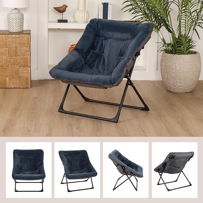 Comfy Saucer Chair for Adults, Set of 2, Soft Faux Fur Bedroom Chair, Accent Dorm Chairs, Flexible Living Room Reading Chairs, Oversized Folding Seat for Teens, X-Large, Navy Blue