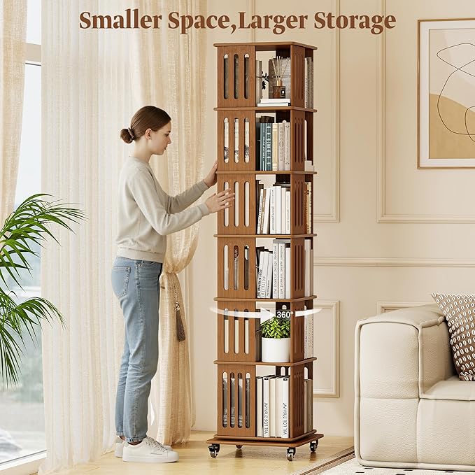 6 Tier Rotating Bookshelf Tower on Wheels, Wood Spinning Bookcase, Bamboo Revolving Book Shelf, Narrow Bookshelves for Small Space, Corner, Bedroom, and Living Room - Walnut
