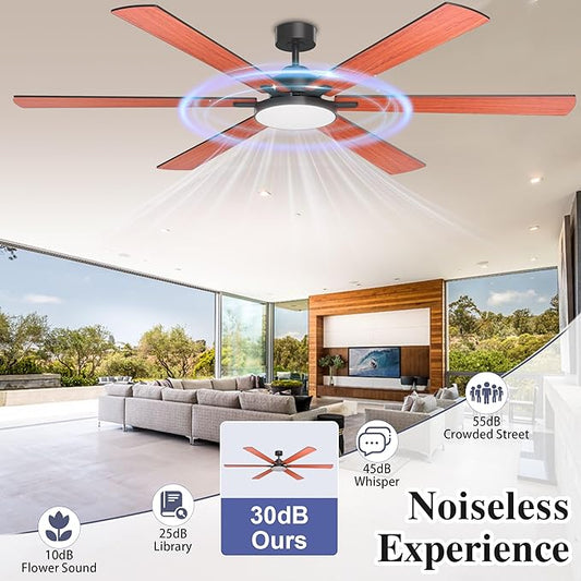 80 Inch Ceiling Fans with Lights and Remote Control, Indoor/Outdoor Flush Mount Low Profile, Commercial Reversible Dimmable Ceiling Fans for Living Room Patio Industrial Shop, Wood Grain