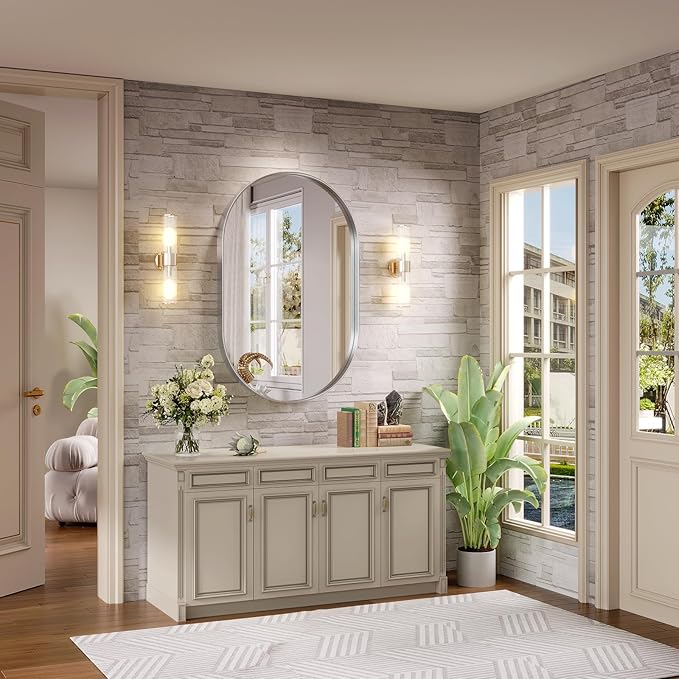 Oval Mirror, 40"30" Silver Bathroom Vanity Mirror, Wall Mount for Entryway, Living Room, Hangs Vertical or Horizontal