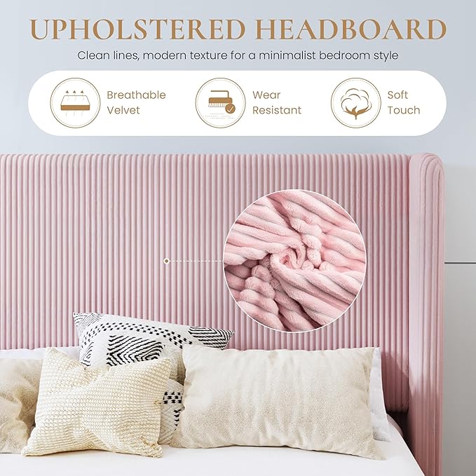 SHA CERLIN Queen Size Corduroy Upholstered Platform Bed Frame with Vertical Channel Tufted Wingback Headboard, 8" Under Bed Storage, Wooden Slats & Metal Frame Support, Easy Assembly, Light Pink
