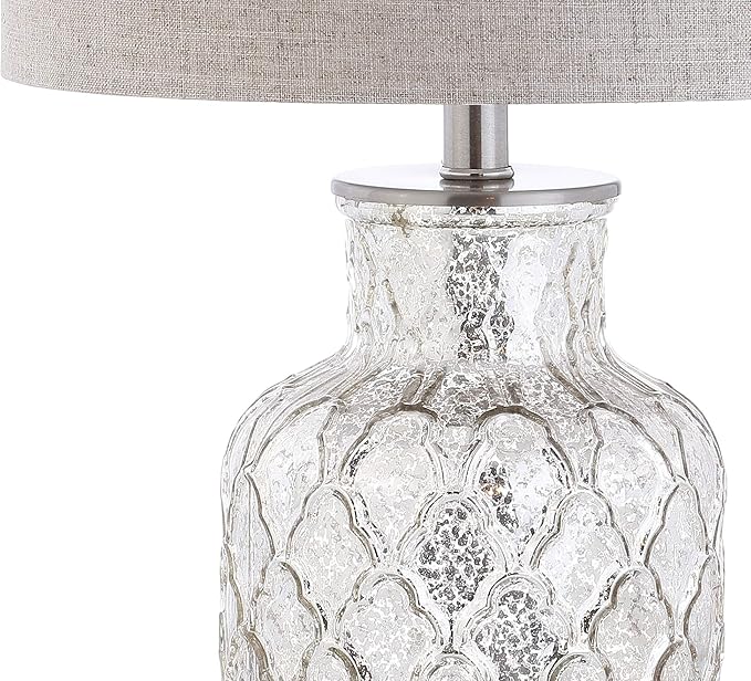 JONATHAN Y 24.5" Alvord Mercury Silver Quatrefoil Glass Table Lamp Set of 2, Contemporary Nightstand Lamps with Grey Linen Drum Shade, UL Listed, LED Bulbs Included JYL1075A-SET2