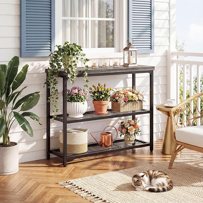 32" Small Console Table with Storage, 3-Tier Narrow Entryway Table, Sturdy Sofa Table with Mesh Shelves, Console Tables for Living Room, Bedroom, Hallway, Entryway, Foyer, Oak Grey