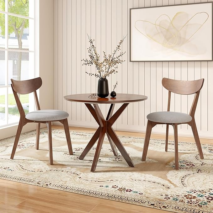 ERGOMASTER Round Dining Table, 36" Kitchen Table, Rubber Wood Legs, Brown