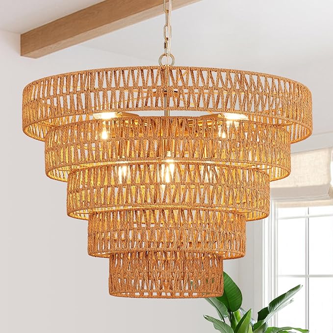 25.6" Hand-Woven Rattan Chandelier Light Fixture 8-Light Vintage Farmhouse Hand-Woven Boho Bamboo Rattan Chandelier 5-Tier Drum Wicker Golden Chandeliers for Dining Room, Kitchen, Living Room