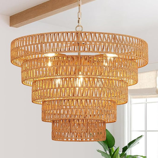 25.6" Hand-Woven Rattan Chandelier Light Fixture 8-Light Vintage Farmhouse Hand-Woven Boho Bamboo Rattan Chandelier 5-Tier Drum Wicker Golden Chandeliers for Dining Room, Kitchen, Living Room