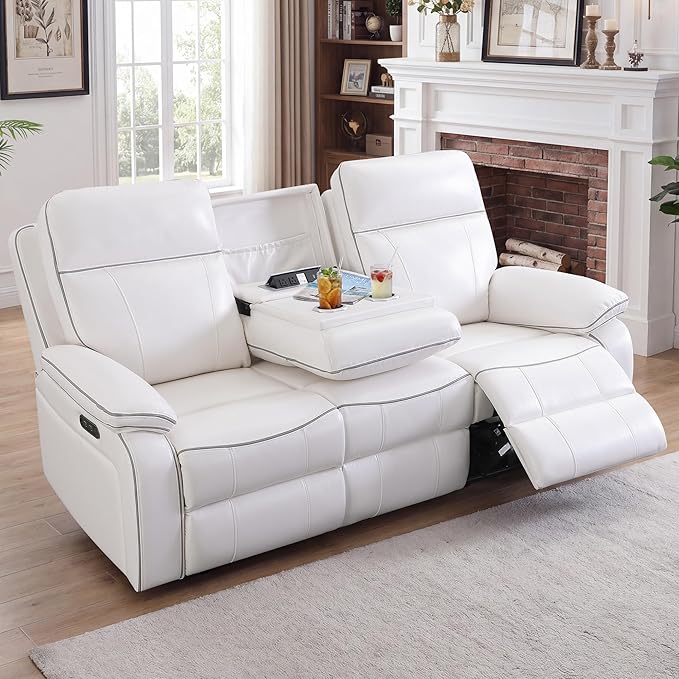 Power Reclining Loveseat with LED Reading Light/Storage Drawer, Power Loveseat Recliner Sofa, Reclining Loveseat with Bluetooth Speakers/Outlets/Breathing Leather (White, 3 Seat)