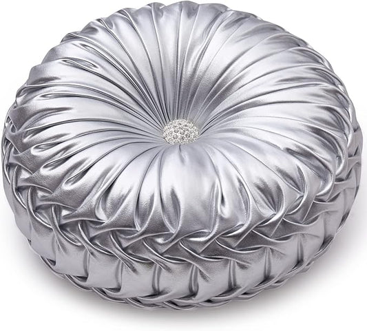 EUCIOR Round Throw Pillows,Pumpkin Pleated Handmade Metallic Throw Pillows,Silver Pillows,Modern Leather Decorative Pillowcases for Home Decor Bedroom Living Room Couch Bed Sofa (Silver)