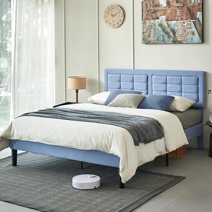 VECELO Full Size Bed Frame with Adjustable Headboard, Upholstered Button Tufted Platform Bedframe with Wood Slats Support, No Box Spring Needed, Light Blue
