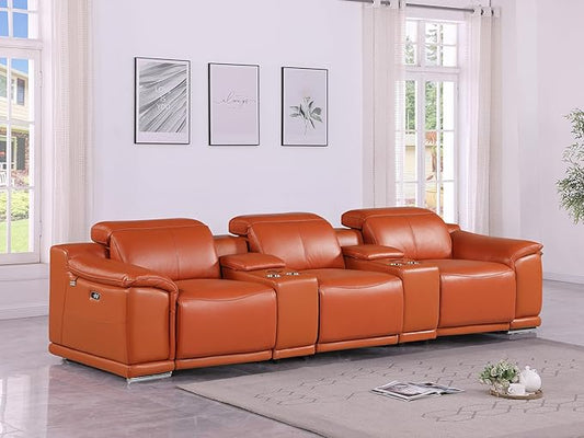 BlackJack Furniture Venice Top Grain Italian Leather Power Recline 5 Piece Sofa - 134" Theater Seating Modern Couch for Living Room Apartment Lounge Home with Adjustable Headrests & USB Port, Camel