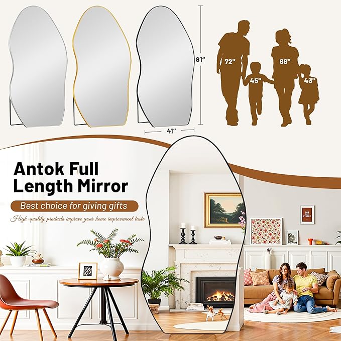 Antok Full Length Mirror, 81"x41" Floor Mirror with Stand, Standing Hanging Leaning Irregular Mirrors for Bedroom Living Room Entryway, Wavy Shaped, Black