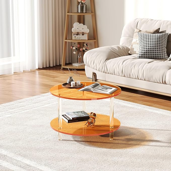 Acrylic Round Coffee Table, 23.6" Wide Modern Tea Table with Storage Shelf, 2-Tier Circle Center Table for Living Room, Office Reception and Apartment (Orange)
