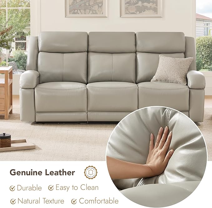 Watson & Whitely Power Reclining Sofa and Loveseat Sets, Genuine Leather Sofa Recliner Couch Set with Power Headrest, Storage Console, USB Ports, Cup Holders, Living Room Furniture Set, Grey