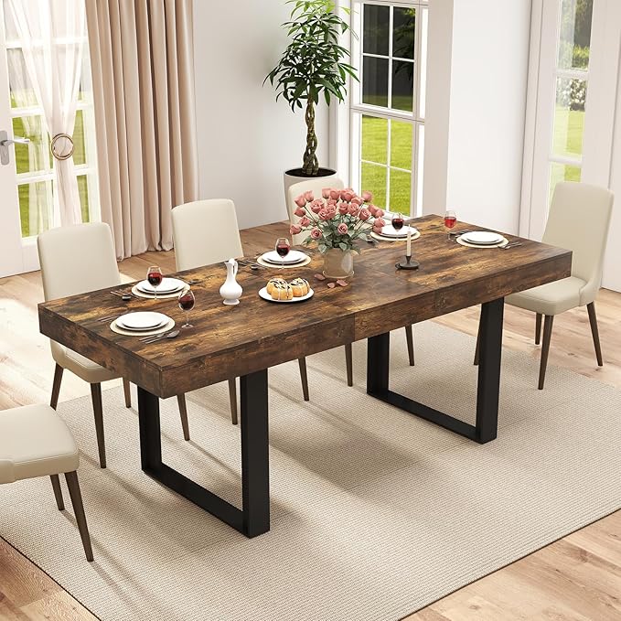63"-78.7" Rectangular Extendable Dining Table, 6-8 Extendable Dining Table, Conference Table, Kitchen Table with Slide Track, Tapered U-Shaped Wood Legs for Office, Living Room-Rustic Brown