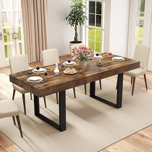 63"-78.7" Rectangular Extendable Dining Table, 6-8 Extendable Dining Table, Conference Table, Kitchen Table with Slide Track, Tapered U-Shaped Wood Legs for Office, Living Room-Rustic Brown