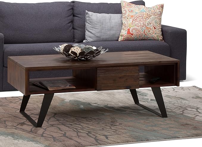SIMPLIHOME Lowry Coffee Table - 48 inch Wide Solid Acacia Wood and Metal Living Room Table in Distressed Charcoal Brown, Modern Industrial Cocktail Table for Family Room with Drawers and Open Storage