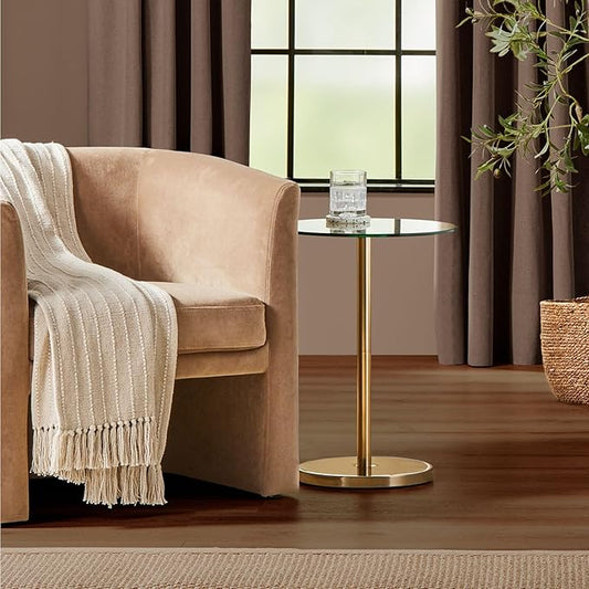 mDesign Glass Top Side/End Drink Table - Tall Modern Round Accent Metal Nightstand Furniture for Living Room, Dorm, Home Office, and Bedroom - 16" Round - Clear/Soft Brass