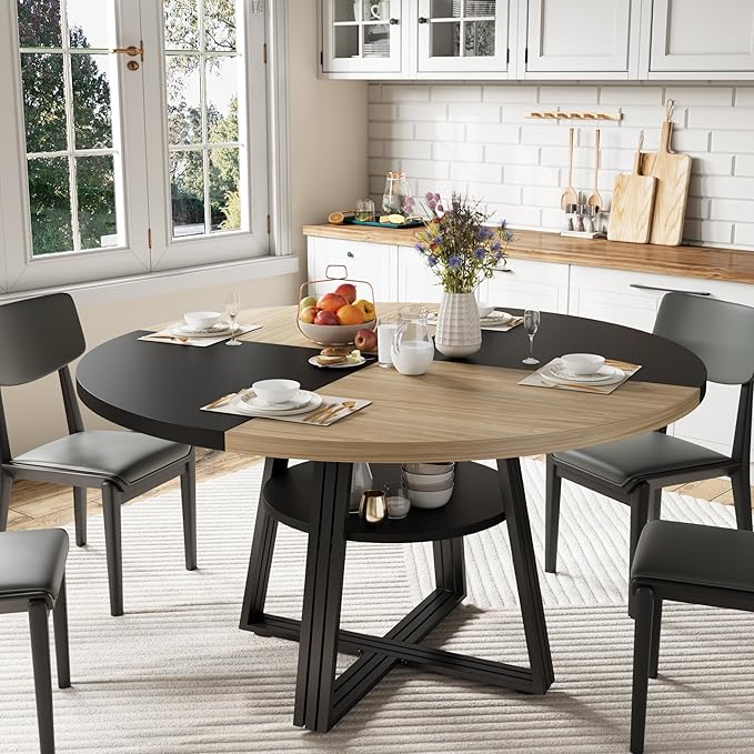 Garvee 47" Inch Round Dining Table for 4, Farmhouse Dining Room Circle Dinner Table,Space Saving Wood Kitchen & Dining Room Furniture, Round Tables with Storage and Metal Square Legs, Black Oak