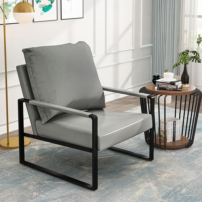 AWQM Modern PU Leather Accent Chair Arm Chair with Extra-Thick Padded Backrest and Seat Cushion Sofa Chairs for Living Room Bedroom, 105 Degree Slant Back, Non-Slip Adsorption Feet-Grey（Set of 1）