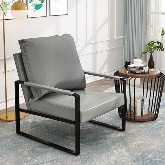 AWQM Modern PU Leather Accent Chair Arm Chair with Extra-Thick Padded Backrest and Seat Cushion Sofa Chairs for Living Room Bedroom, 105 Degree Slant Back, Non-Slip Adsorption Feet-Grey（Set of 1）