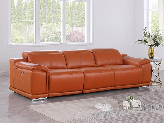 BlackJack Furniture Venice Top Grain Italian Leather Dual Power Recliner Sofa - 107" Theater Seating Modern Couch for Living Room Apartment Lounge Home with Adjustable Headrests & USB Port, Camel